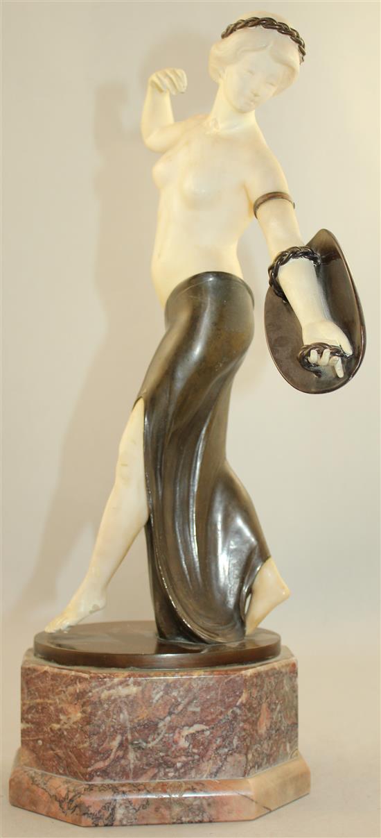 George Schrimpf (German, 1889-1938). An Art Deco alabaster and patinated bronze model of a scantily clad female, 16.75in., restored